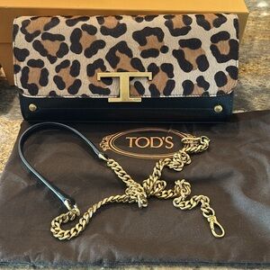 NWT Tod’s shoulder clutch leopard brown bag